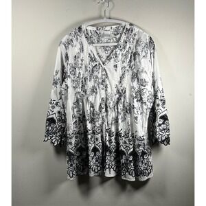 Feratelli Floral Blouse Women XL White Black Pintuck Eyelet Embroidered office